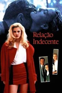 Mulher loira em casaco vermelho. Acima, casal se beija sob luz azulada. Pequenas fotos rasgadas de outros personagens. Clima tenso.