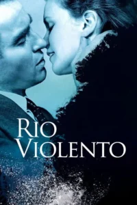 Close-up azulado de um homem e uma mulher em perfil, rostos próximos. Água borbulhante preenche a parte inferior. Clima intenso.