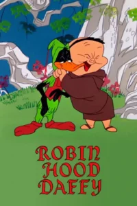 Pato de capuz verde e botas vermelhas é abraçado por porco risonho em hábito marrom. Fundo de floresta animada.