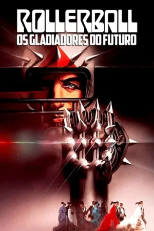 Pôster escuro. Homem em capacete futurista com espetos, punho cravado. Pessoas elegantes abaixo. Clima distópico e violento.