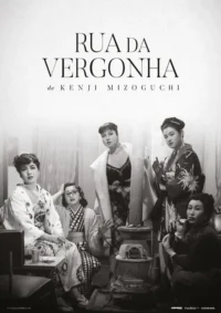 Pôster P&B com cinco mulheres japonesas. Vestem quimonos e roupas ocidentais,em um cenário interno. Atmosfera de drama clássico.