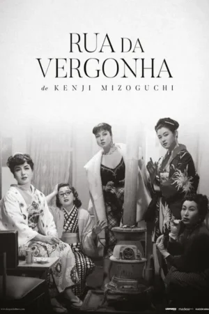 Pôster P&B com cinco mulheres japonesas. Vestem quimonos e roupas ocidentais, em um cenário interno. Atmosfera de drama clássico.