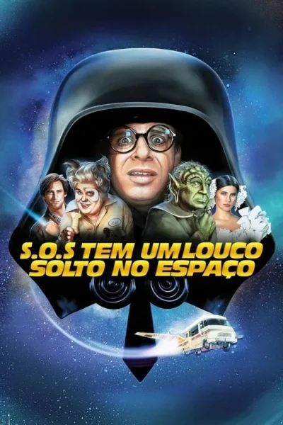 Capa de filme de comédia espacial. Um capacete escuro revela um elenco excêntrico de humanos e aliens assustados, com naves voando no espaço sideral.