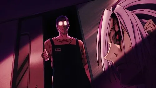 Cena de anime escura. Homem de avental e olhos brilhantes ameaça outro com cabelo longo e marcas faciais,assustado.