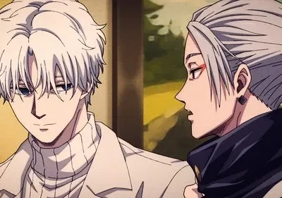 Pôster de anime: Dois homens. Um de cabelo branco e suéter, olhar sério. O outro de cabelo cinza, maquiagem vermelha e brinco, o encara com a boca entreaberta. Fundo quente.