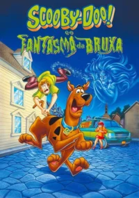 Pôster animado: Cão marrom e homem correm assustados de fantasma bruxa azul. Velma e a van em rua de bairro. Aventura.