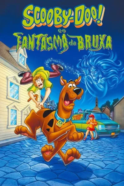 Pôster animado: Cão marrom e homem correm assustados de fantasma bruxa azul. Velma e a van em rua de bairro. Aventura.