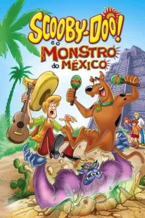 Shaggy e Scooby assustados com monstro roxo emergindo do chão. Cenário mexicano com pirâmide, palmeiras e cactos ao fundo.