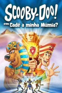 Pôster de aventura egípcia:cachorro e homem sorrindo com trajes de faraó. Seguram um ankh brilhante. Esfinge,pirâmides e múmias no deserto.