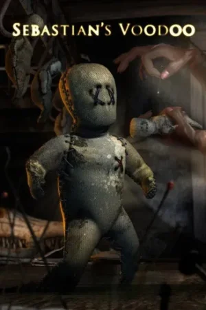 Boneco de vodu de saco de estopa com X nos olhos. Mão goteja em boneco menor. Fundo escuro com agulhas. Clima sombrio e místico.