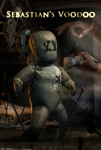 Boneco de vodu de saco de estopa com X nos olhos. Mão goteja em boneco menor. Fundo escuro com agulhas. Clima sombrio e místico.