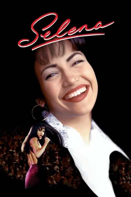 Pôster preto:Mulher sorrindo,cabelo escuro,camisa branca,brinco de argola. Abaixo,ela canta no palco com vestido brilhante para uma multidão.