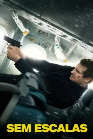 Um homem com expressão tensa segura uma arma dentro de um avião em turbulência, com máscaras de oxigênio penduradas.