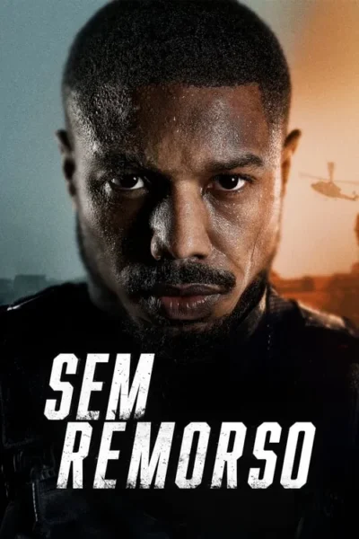 Homem negro, barba, olhar intenso, suado, em uniforme tático. Helicóptero ao fundo em cenário de guerra. Clima de ação.