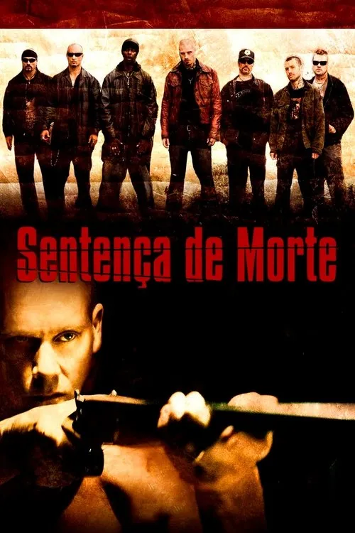 Pôster: Sete homens de visual durão acima. Embaixo, um homem careca com olhar intenso e espingarda apontada. Fundo escuro. Clima violento.
