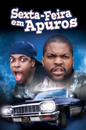 Pôster: Homem chocado com boné e homem sério, com um lowrider escuro. Fundo azul esfumaçado cria um clima urbano.