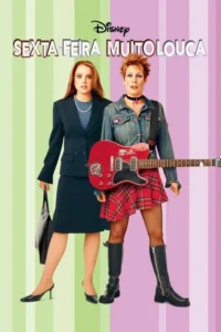 Duas mulheres com expressões surpresas:uma executiva formal,outra roqueira com guitarra e saia xadrez. Fundo listrado verde/roxo.
