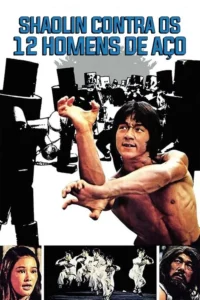 Pôster de artes marciais: Homem sem camisa em pose de luta contra inimigos blindados. Painéis inferiores mostram uma mulher, monges e um homem barbudo.