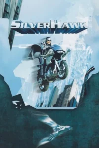 Pôster de ação: Mulher de óculos e capa prateada em moto voadora, sobre uma cidade fragmentada em tons de azul futurista.