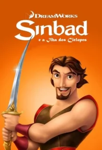 Personagem animado masculino,barbudo e sorridente,segurando uma espada. Veste roupas de aventureiro,sobre fundo laranja.