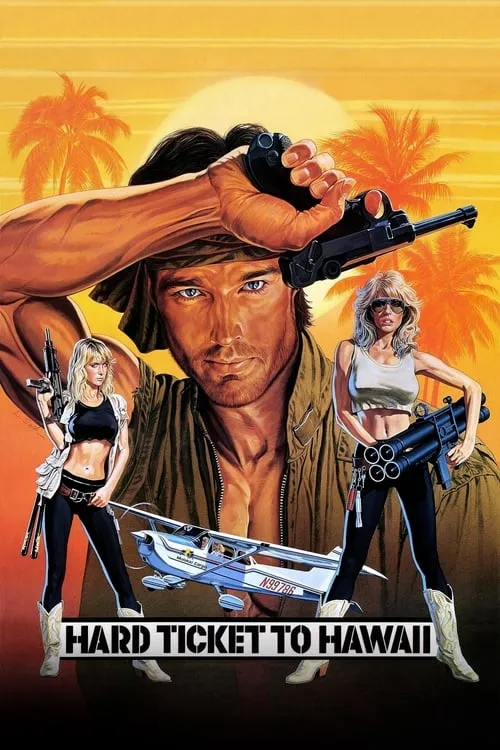 Pôster estilo anos 80: homem sério com arma, duas mulheres armadas e avião, contra palmeiras e sol tropical. Clima de ação.