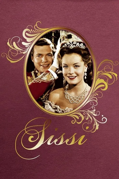 Pôster: Casal real sorridente em trajes de gala, ele a coroa. Moldura dourada ornamentada sobre fundo vinho. Clima romântico.