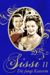 Pôster azul com um casal real sorridente. Ele de uniforme militar, ela com coroa e joias, em clima elegante.