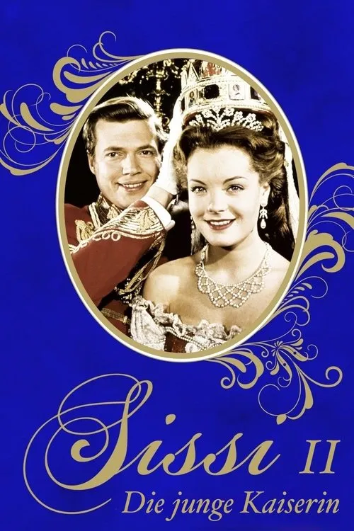 Pôster azul com um casal real sorridente. Ele de uniforme militar, ela com coroa e joias, em clima elegante.