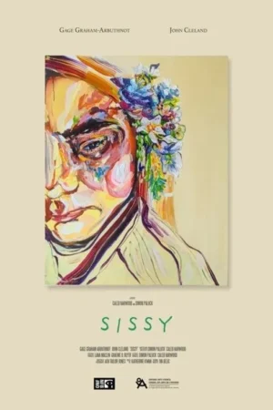 Pintura a óleo vibrante de um rosto expressivo usando óculos, com flores coloridas no cabelo. Clima artístico e intenso.