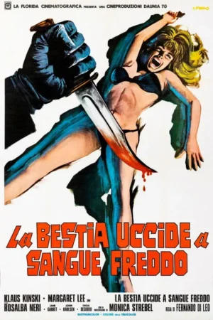 Pôster. Mão enluvada com adaga ensanguentada perfurando mulher de biquíni gritando. Gotas de sangue. Clima de horror e violência.