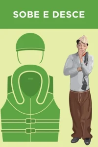 Pôster:homem pensativo com chapéu e roupas simples,ao lado de figura verde com capacete e colete salva-vidas. Clima reflexivo.