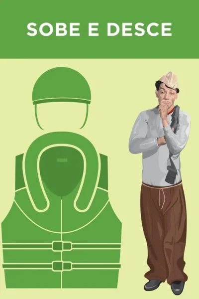 Pôster: homem pensativo com chapéu e roupas simples, ao lado de figura verde com capacete e colete salva-vidas. Clima reflexivo.