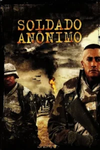 Dois soldados sérios em primeiro plano. Ao fundo,um campo de batalha com fogo,fumaça e jatos de combate sob um céu cinzento.