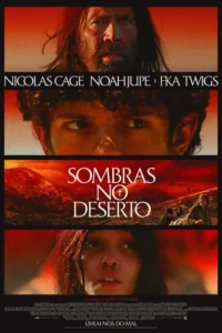 Close-ups de um homem barbudo,um jovem e uma mulher,intercalados com um deserto árido com cruzes. Tons quentes e intensos.