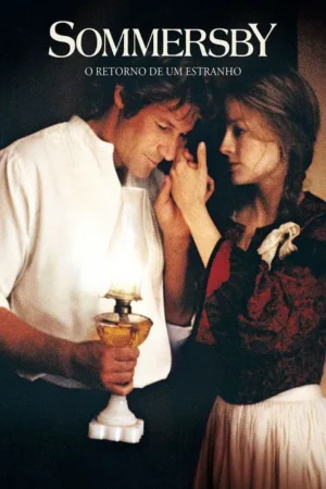 Homem de camisa branca beija a mão de mulher em vestido de época, segurando lamparina acesa. Fundo escuro, clima romântico.