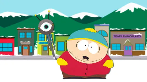 South Park – T01E01:Cartman Tem uma Sonda Anal 1 Desenho animado. Personagem gordo com chapéu e casaco vermelho com alien de um olho em rua nevada de cidade montanhosa.