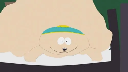 Close-up de personagem de desenho animado gordo com boné azul e sorriso. Seu corpo exagerado e bege preenche a tela.