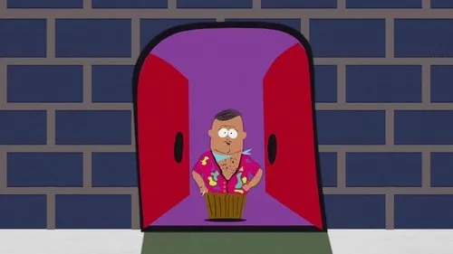 South Park – T01E04:A Grande Viagem Gay de Barco 1 Homem cartum corpulento,camisa havaiana rosa e bandana azul,espreita de uma porta vermelha arqueada em parede de tijolos.