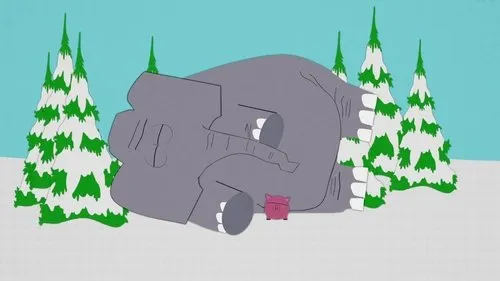 Elefante cinza deitado na neve, com um porquinho rosa perto. Pinheiros nevados ao fundo. Clima invernal e surreal.