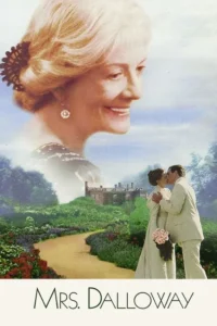 Mulher loira sorridente sobreposta a um casal se beijando em um jardim exuberante com uma mansão. Clima romântico.