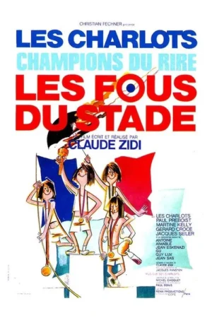 Pôster de comédia com 4 atletas cartunizados e magros num pódio, com tocha, medalhas e bandeiras tricolores. Clima alegre e esportivo.
