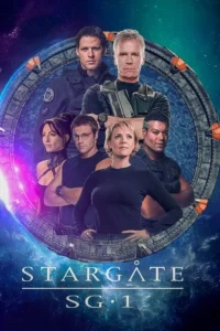 Pôster de ficção científica:seis heróis (4 homens,2 mulheres) em uniformes militares/táticos em frente a um grande anel cósmico. Clima épico espacial.