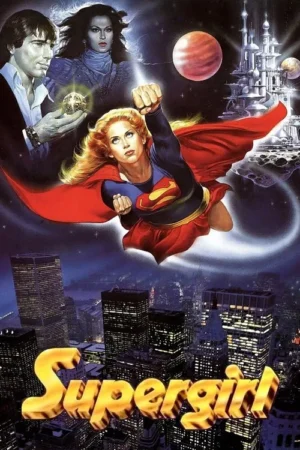 Heroína loira voa com capa vermelha sobre cidade noturna. Acima, planetas, cidade espacial e figuras. Clima sci-fi retrô.