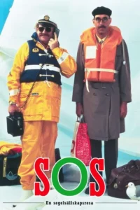 Dois homens em contraste:um capitão jovial de amarelo e um homem de colete salva-vidas e beret,com olhar apreensivo. Cena cômica.