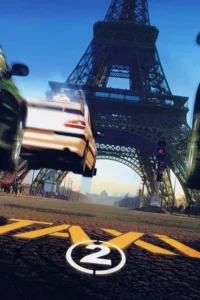 Um táxi branco salta no ar em frente à Torre Eiffel,com outros veículos em alta velocidade. No chão,'TAXI'e um grande '2'. Ação em Paris.
