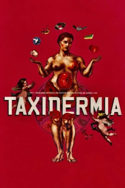 Pôster vermelho. Figura nua com órgãos internos expostos e pernas cortadas, faz malabarismo com objetos. Dois querubins voam. Clima surreal e bizarro.