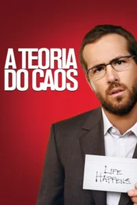 Close-up de homem barbudo de óculos e terno,com expressão confusa,segurando um bilhete:'LIFE HAPPENS'. Fundo vermelho.