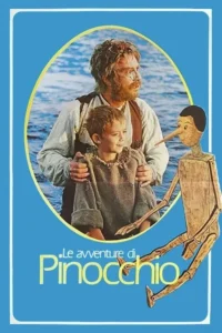Pôster azul:homem barbudo de óculos e menino sorridente em lago,com boneco de madeira de nariz comprido ao lado. Clima de fantasia.