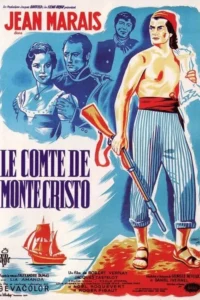 Pôster: Homem forte sem camisa com rifle e calças listradas. Ao fundo, mulher, oficial e outro homem em tons de azul. Veleiro no mar.