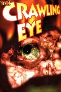 Um olho monstruoso e grotesco, com pupila escura e veias avermelhadas expostas, em fundo de chamas laranjas. Clima de terror e ficção.